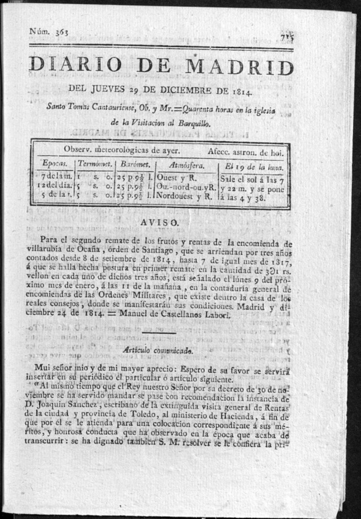 Miniatura de Diario de Madrid del jueves 29 de Diciembre de 1814