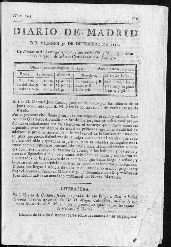 Miniatura de Diario de Madrid del viernes 30 de Diciembre de 1814