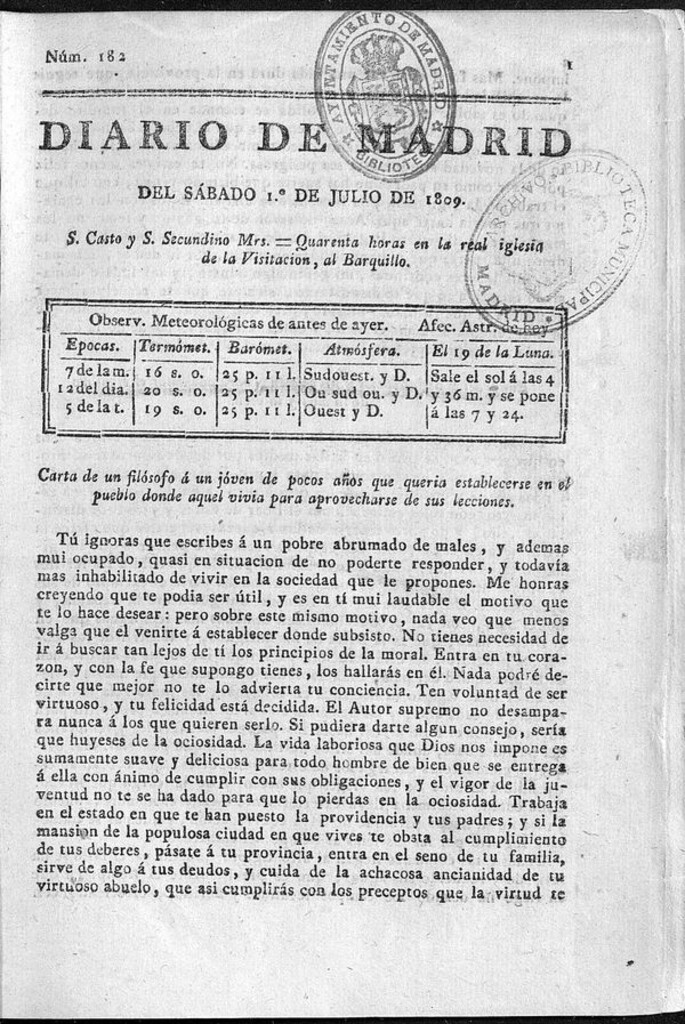 Miniatura de Diario de Madrid del sábado 1 de Julio de 1809