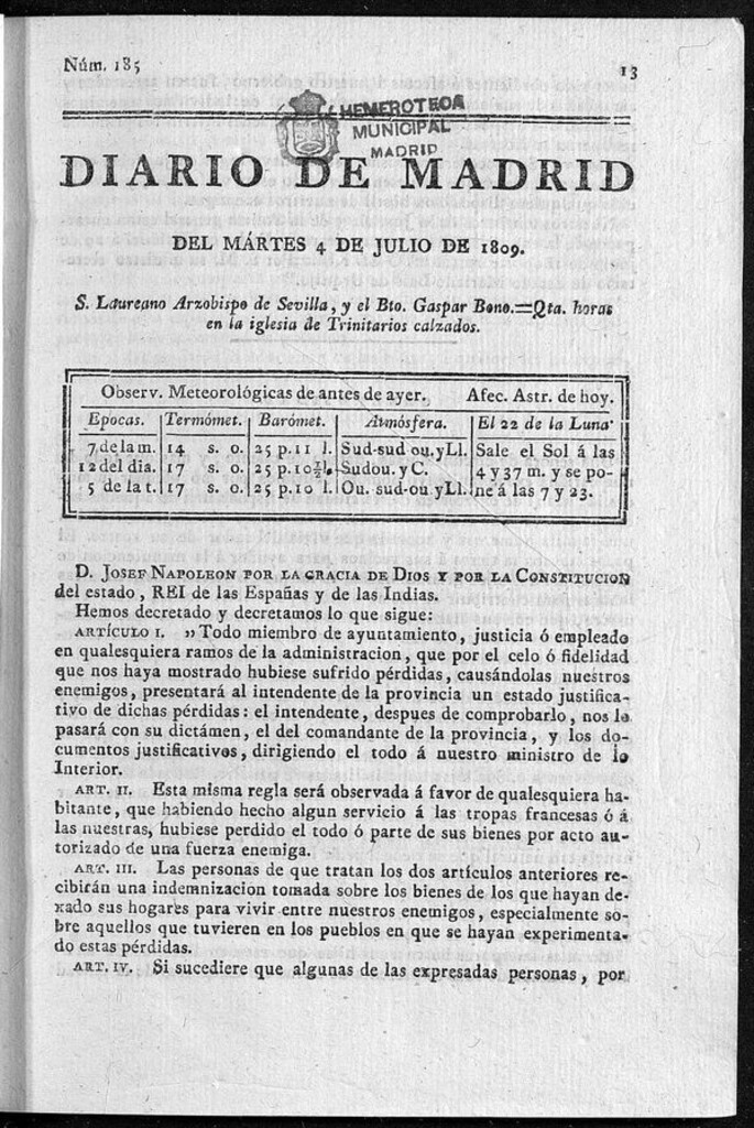Miniatura de Diario de Madrid del martes 4 de Julio de 1809