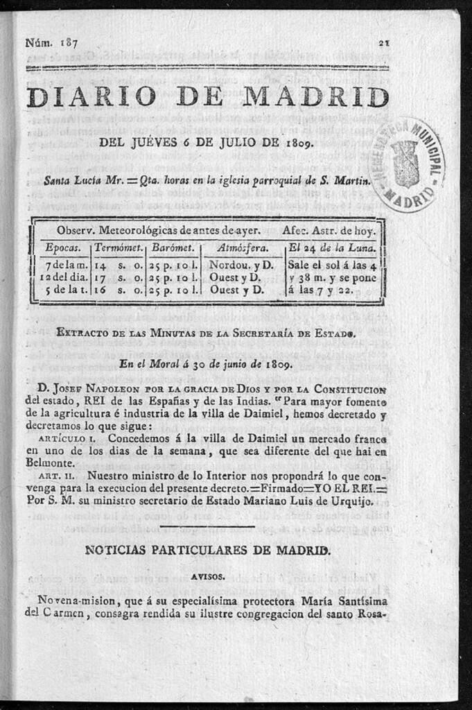 Miniatura de Diario de Madrid del jueves 6 de Julio de 1809