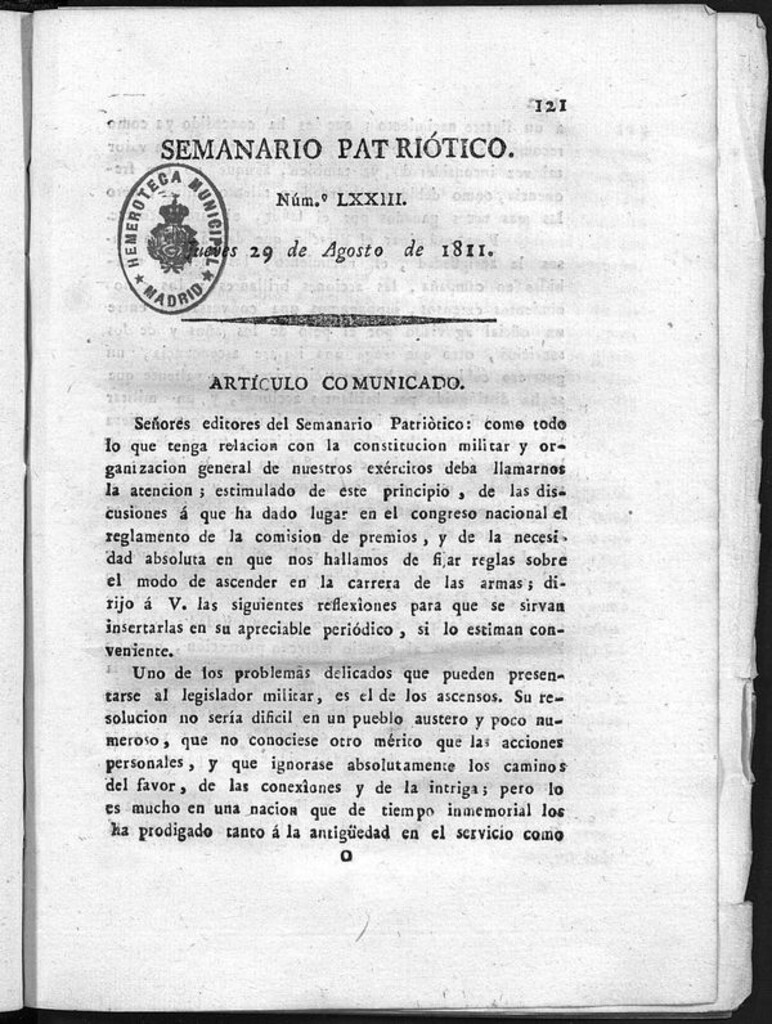 Miniatura de Semanario Patriótico. Num LXXIII Jueves 29 de Agosto de 1811