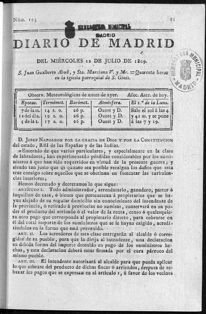 Miniatura de Diario de Madrid del miércoles 12 de Julio de 1809
