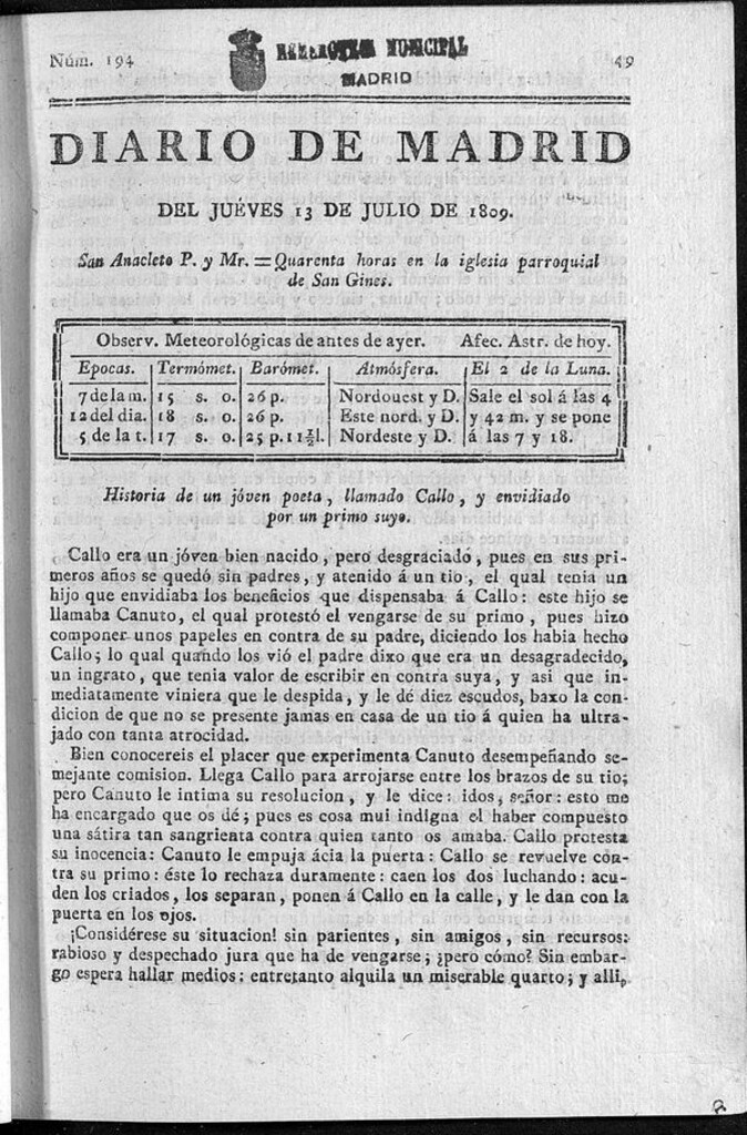 Miniatura de Diario de Madrid del jueves 13 de Julio de 1809