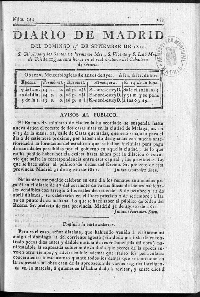 Miniatura de Diario de Madrid del domingo 1 de Septiembre de 1811