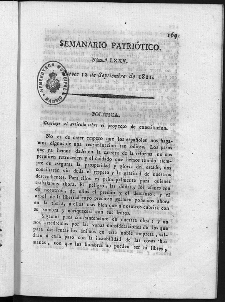 Miniatura de Semanario Patriótico. Num LXXV Jueves 12 de Septiembre de 1811