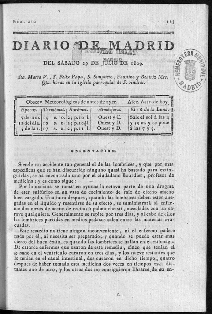 Miniatura de Diario de Madrid del sábado 29 de Julio de 1809