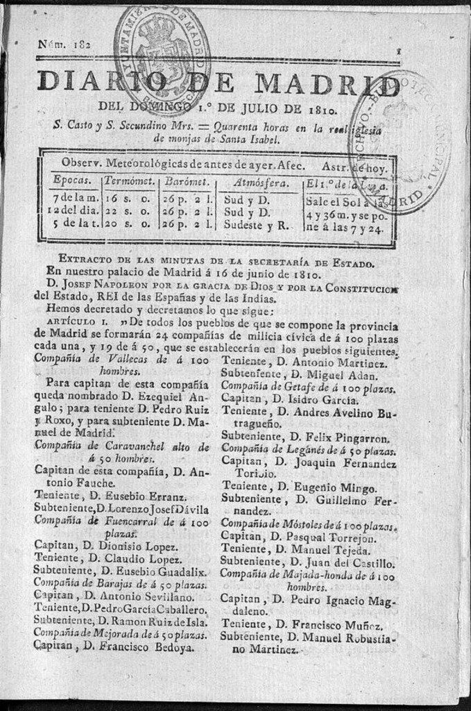 Miniatura de Diario de Madrid del domingo 1 de Julio de 1810