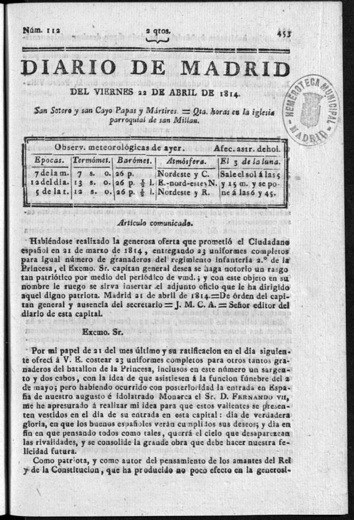 Miniatura de Diario de Madrid del viernes 22 de Abril de 1814