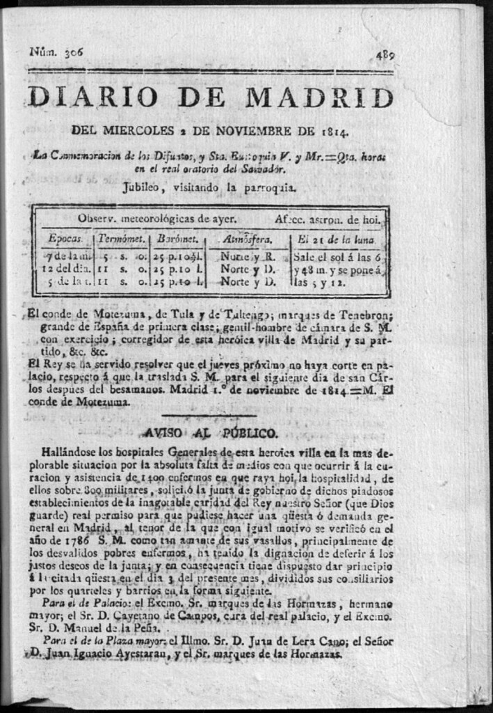 Miniatura de Diario de Madrid del Miércoles 2 de Noviembre de 1814
