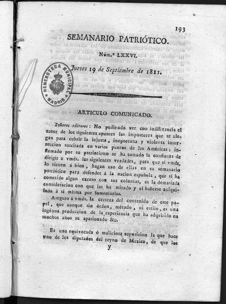Miniatura de Semanario Patriótico. Num LXXVI Jueves 19 de Septiembre de 1811