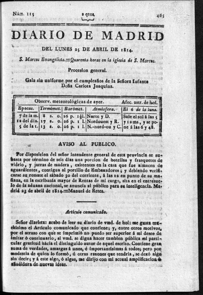 Miniatura de Diario de Madrid del lunes 25 de Abril de 1814