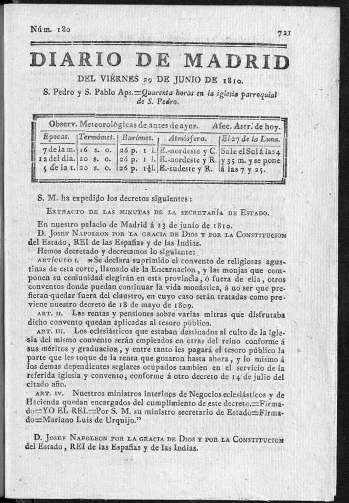 Miniatura de Diario de Madrid del viernes 29 de Junio de 1810