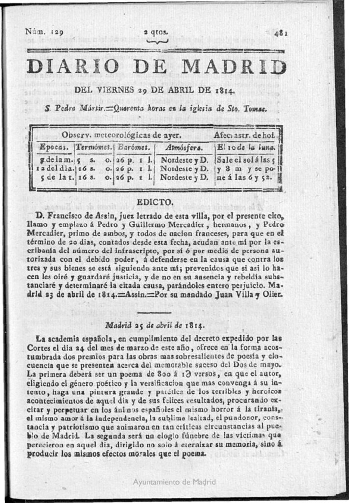 Miniatura de Diario de Madrid del viernes 29 de Abril de 1814