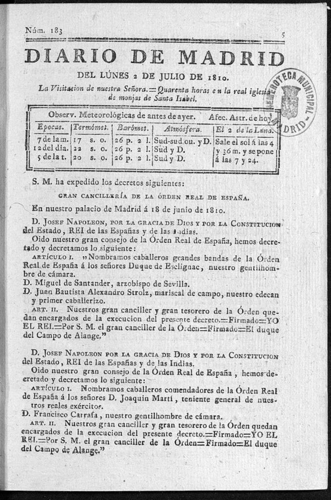 Miniatura de Diario de Madrid del lunes 2 de Julio de 1810