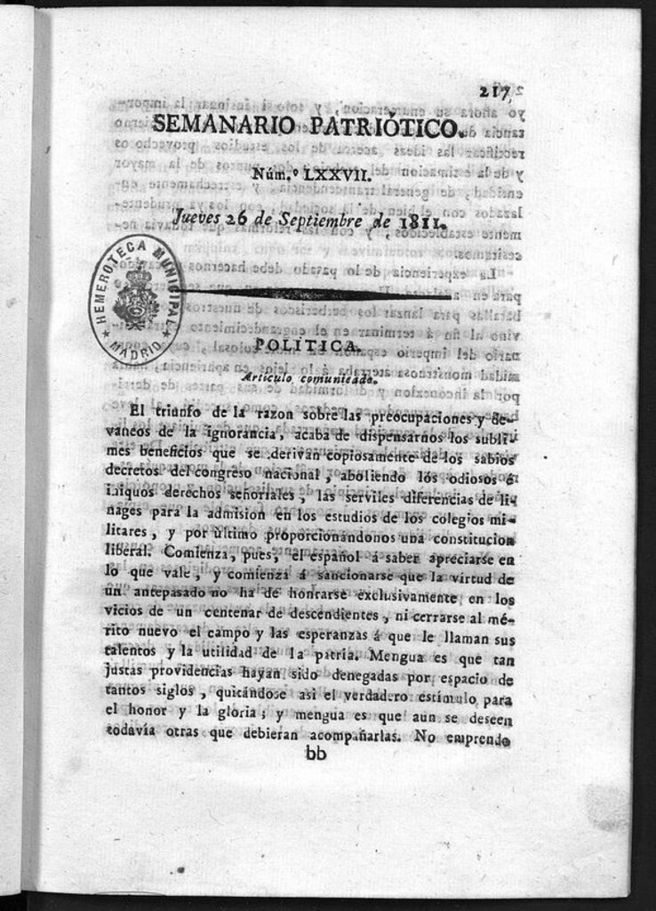 Miniatura de Semanario Patriótico. Num LXXVII Jueves 26 de Septiembre de 1811