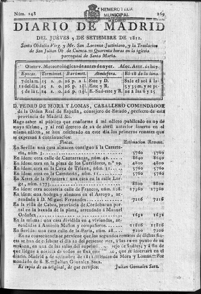 Miniatura de Diario de Madrid del jueves 5 de Septiembre de 1811