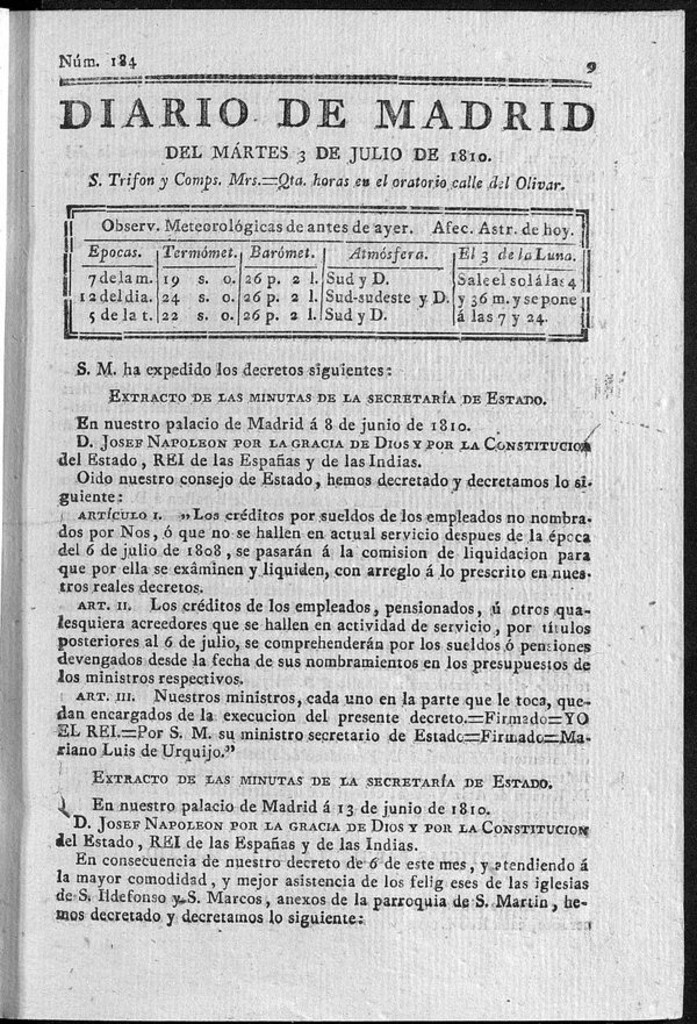 Miniatura de Diario de Madrid del martes 3 de Julio de 1810