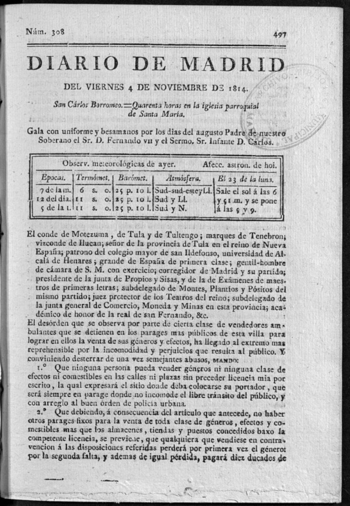 Miniatura de Diario de Madrid del Viernes 4 de Noviembre de 1814