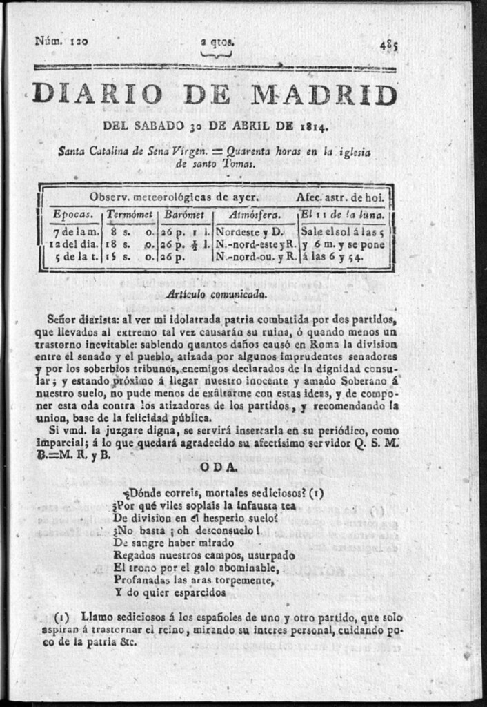Miniatura de Diario de Madrid del sábado 30 de Abril de 1814