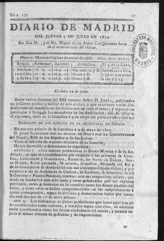 Miniatura de Diario de Madrid del jueves 5 de Julio de 1810
