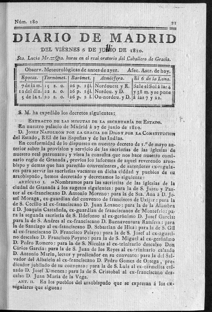 Miniatura de Diario de Madrid del viernes 6 de Julio de 1810