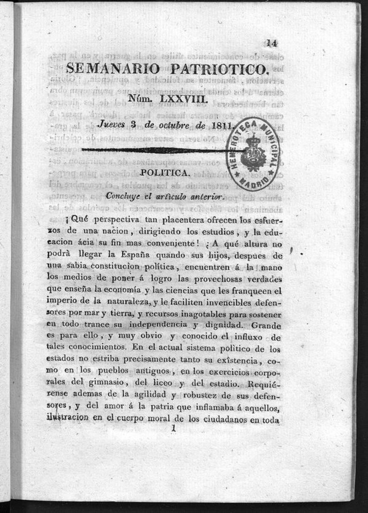 Miniatura de Semanario Patriótico. Num LXXVIII Jueves 3 de Octubre de 1811