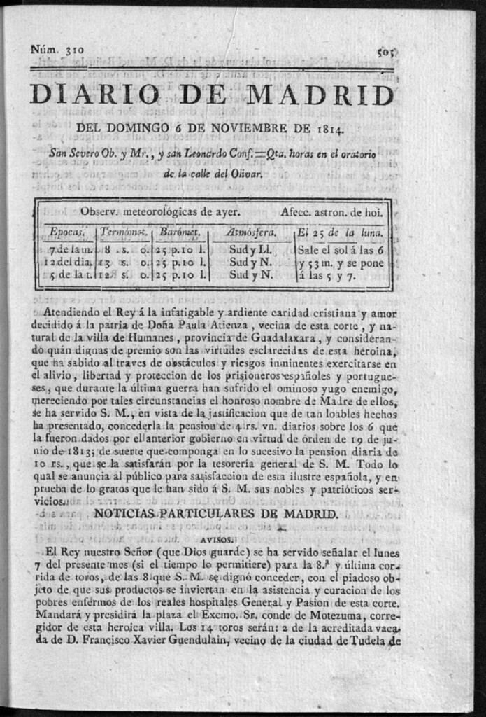 Miniatura de Diario de Madrid del Domingo 6 de Noviembre de 1814