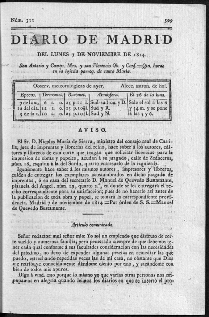 Miniatura de Diario de Madrid del Lunes 7 de Noviembre de 1814