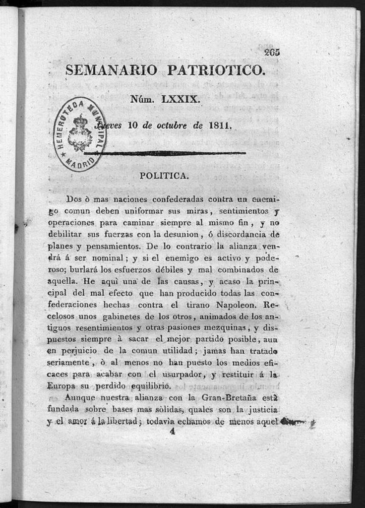 Miniatura de Semanario Patriótico. Num LXXIX Jueves 10 de Octubre de 1811