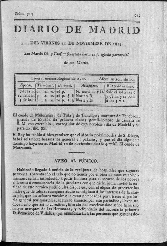Miniatura de Diario de Madrid del Viernes 11 de Noviembre de 1814