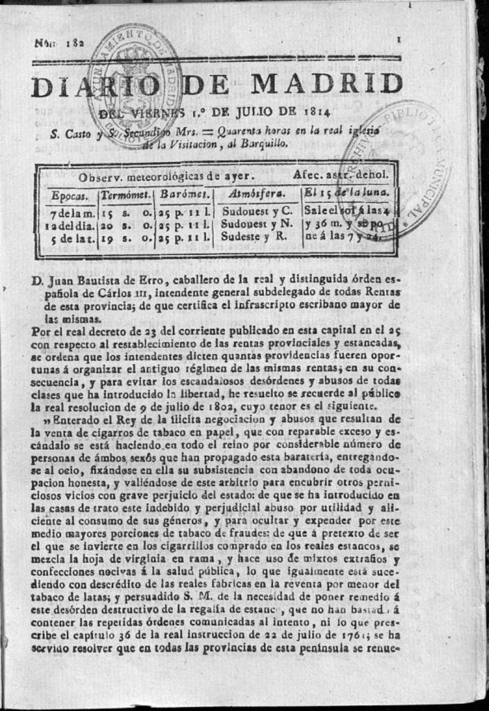Miniatura de Diario de Madrid del viernes 1 de Julio de 1814
