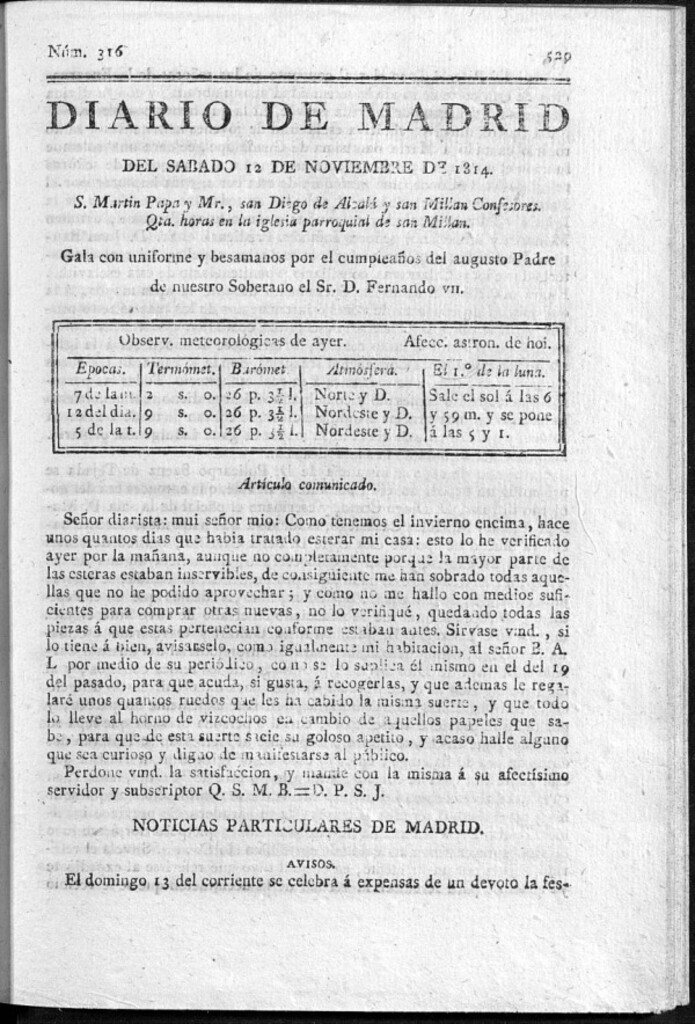 Miniatura de Diario de Madrid del Sábado 12 de Noviembre de 1814