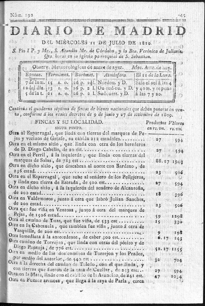 Miniatura de Diario de Madrid del miércoles 11 de Julio de 1810