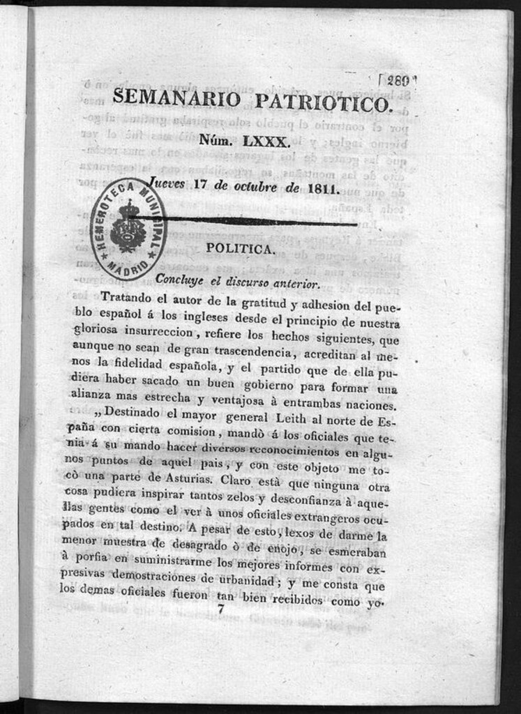 Miniatura de Semanario Patriótico. Num LXXX Jueves 17 de Octubre de 1811
