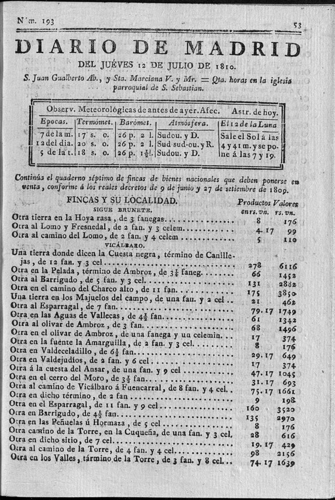 Miniatura de Diario de Madrid del jueves 12 de Julio de 1810