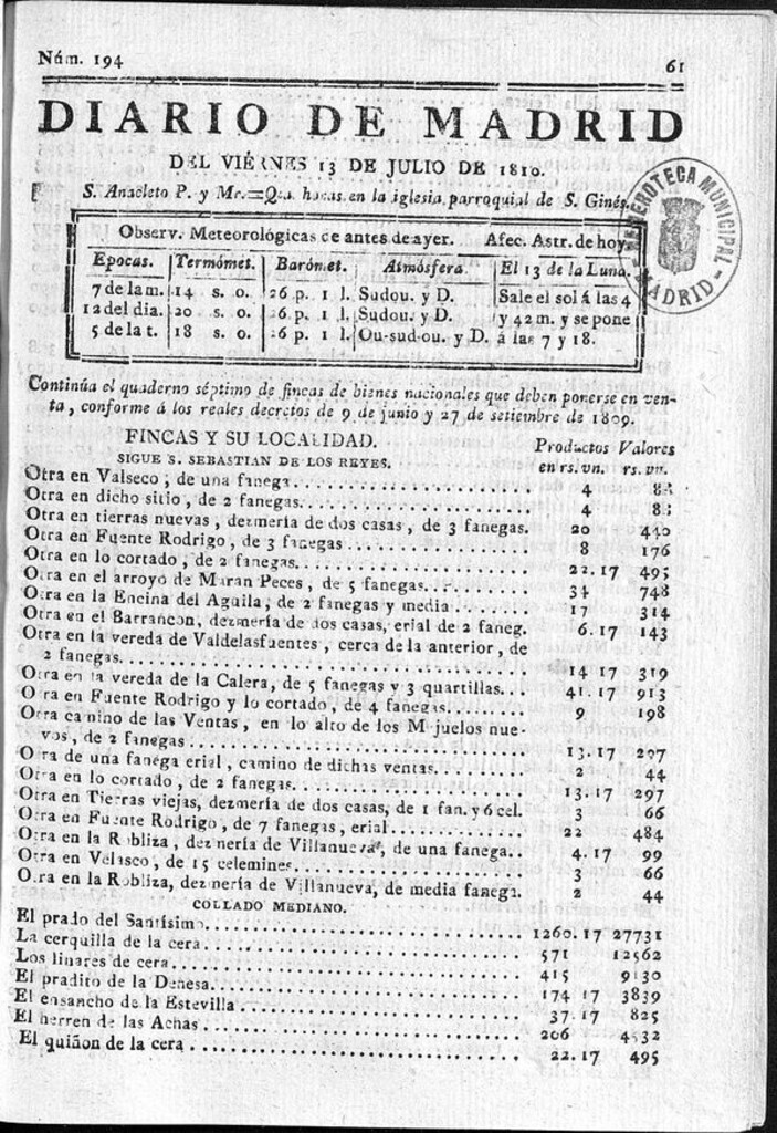 Miniatura de Diario de Madrid del viernes 13 de Julio de 1810