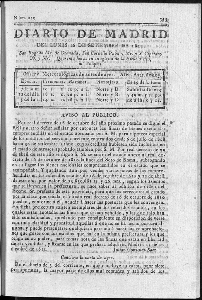 Miniatura de Diario de Madrid del lunes 16 de Septiembre de 1811
