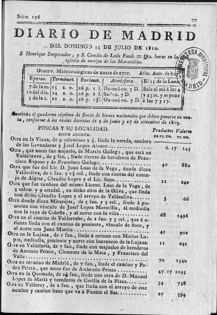 Miniatura de Diario de Madrid del domingo 15 de Julio de 1810