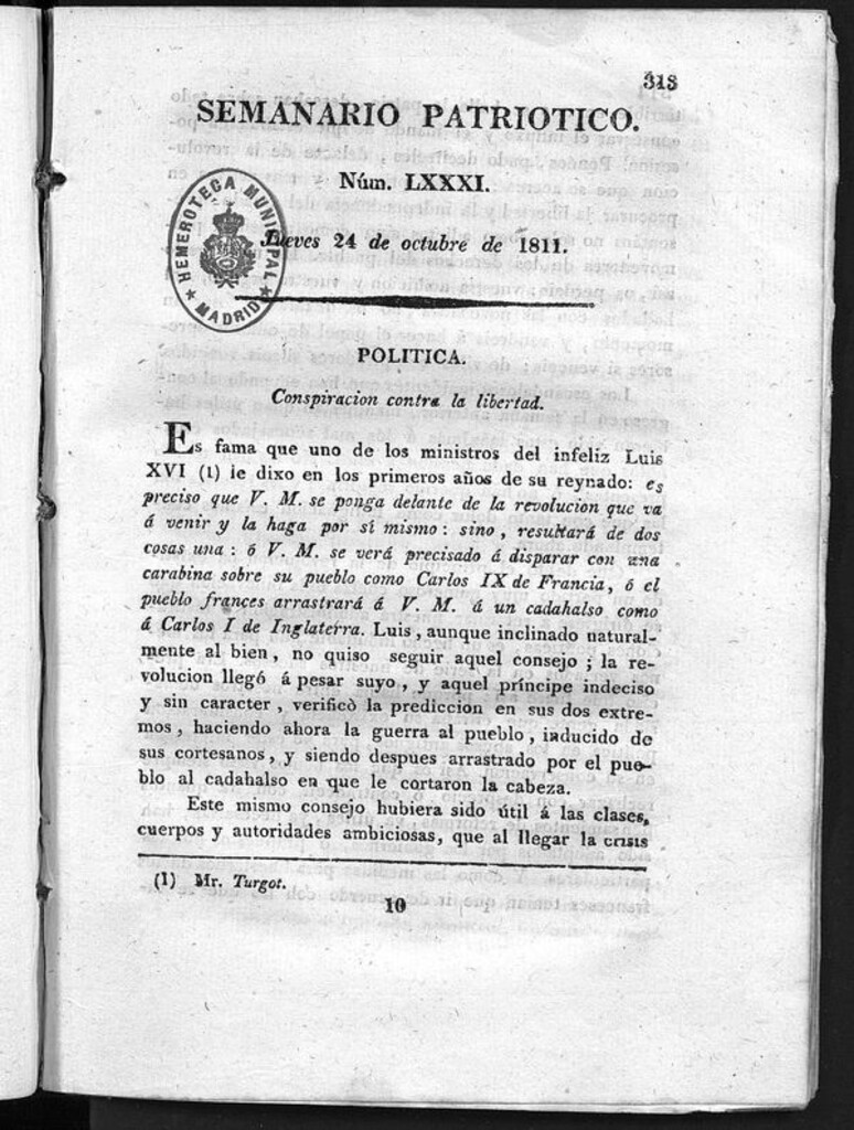 Miniatura de Semanario Patriótico. Num LXXXI Jueves 24 de Octubre de 1811