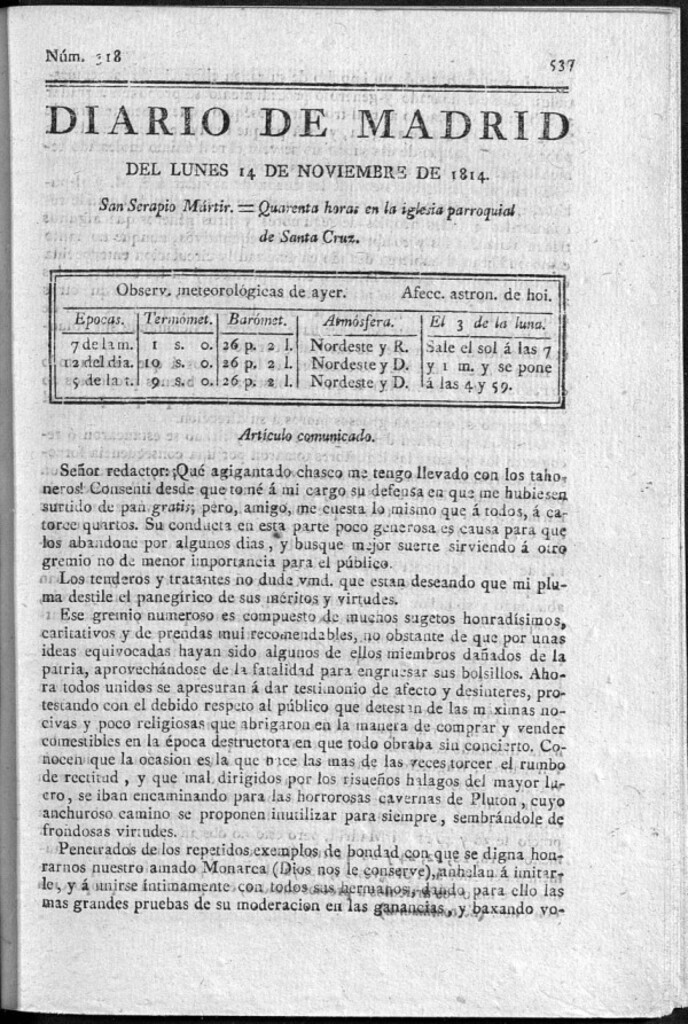 Miniatura de Diario de Madrid del Lunes 14 de Noviembre de 1814