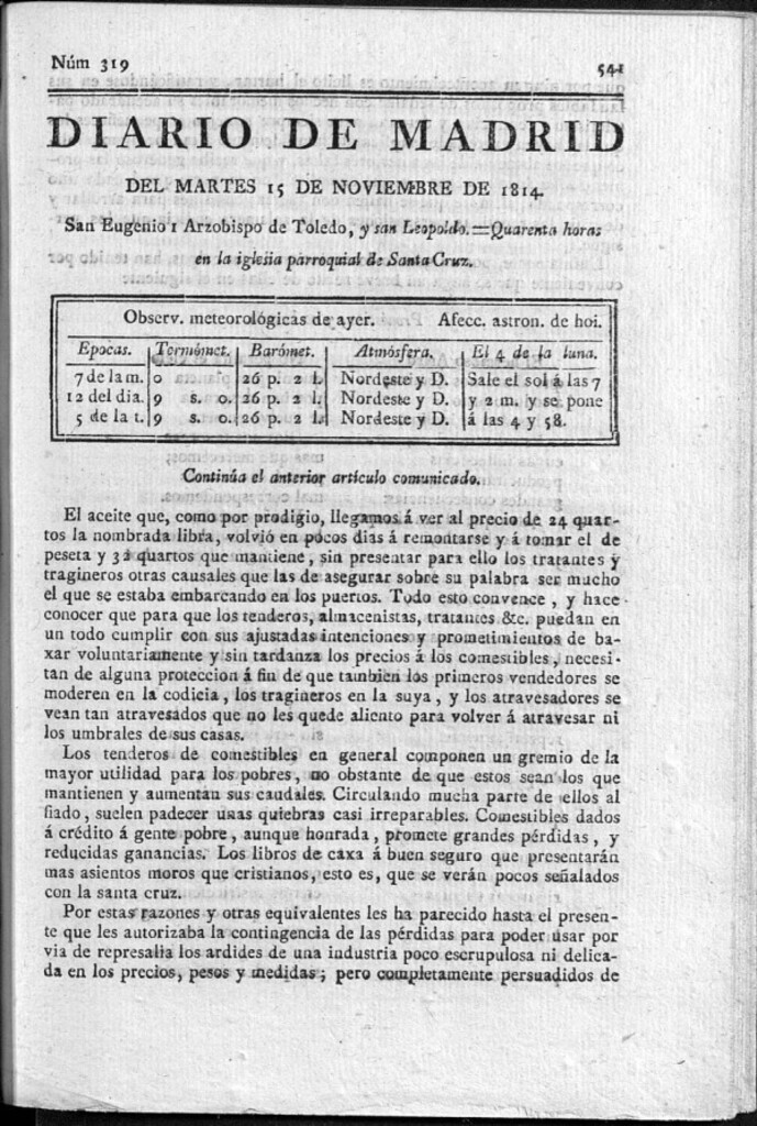 Miniatura de Diario de Madrid del Martes del 15 de Noviembre de 1814