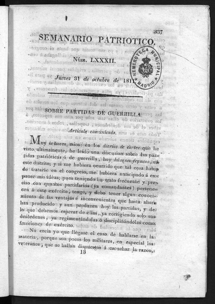 Miniatura de Semanario Patriótico. Num LXXXII Jueves 31 de Octubre de 1811