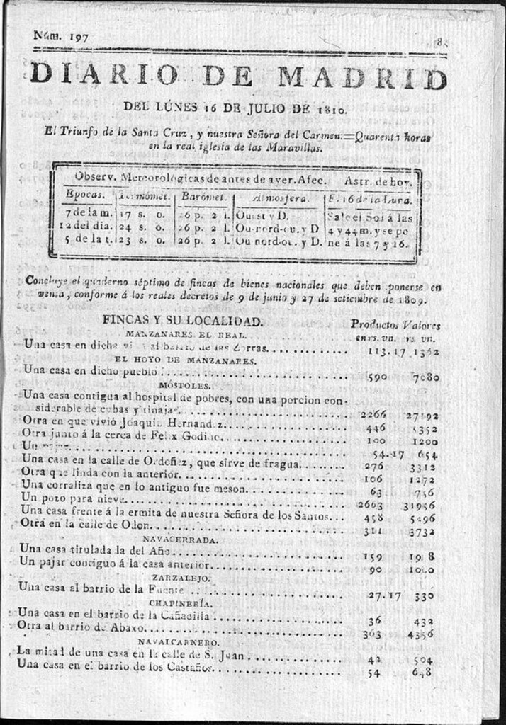 Miniatura de Diario de Madrid del lunes 16 de Julio de 1810