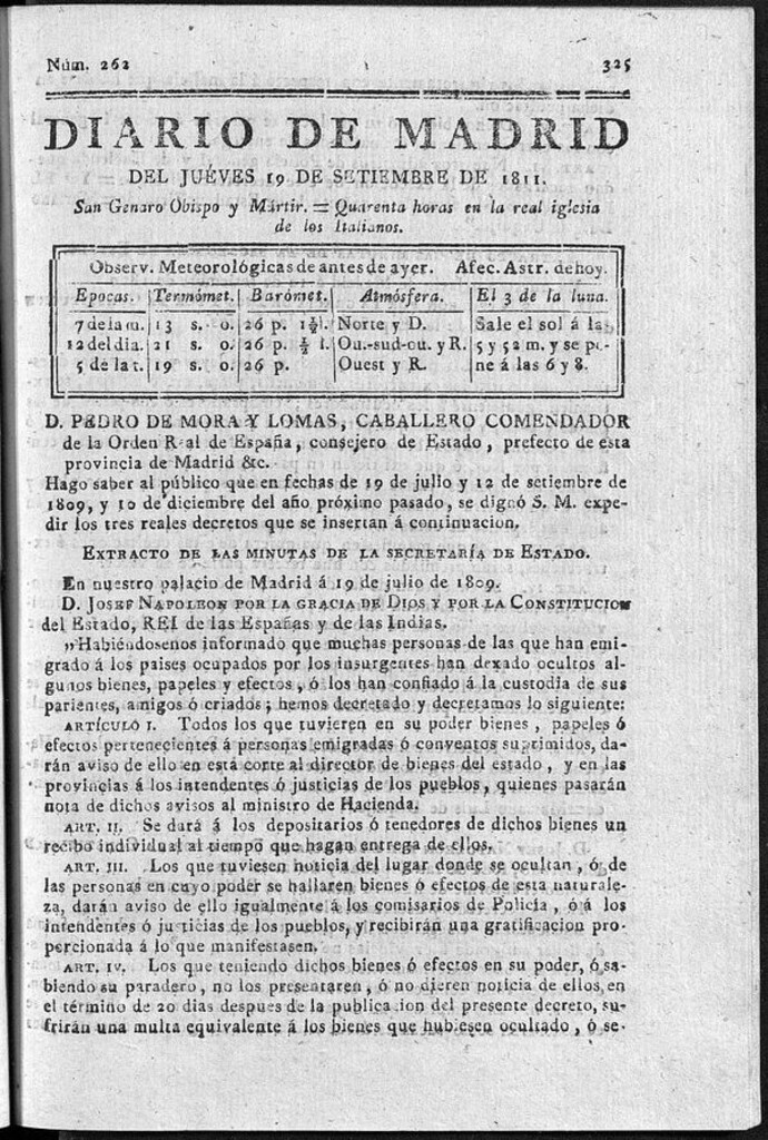 Miniatura de Diario de Madrid del jueves 19 de Septiembre de 1811