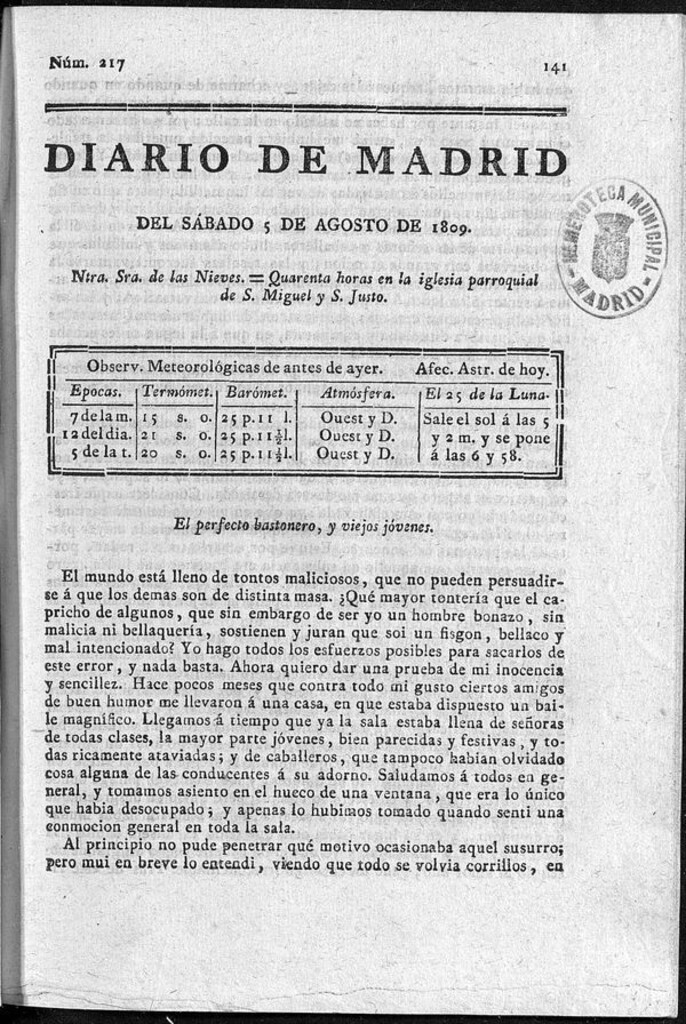 Miniatura de Diario de Madrid del sábado 5 de Agosto de 1809