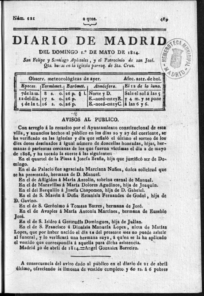 Miniatura de Diario de Madrid del domingo 1 de Mayo de 1814