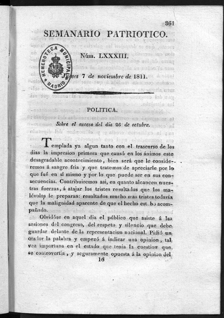 Miniatura de Semanario Patriótico. Num LXXXII Jueves 7 de Noviembre de 1811