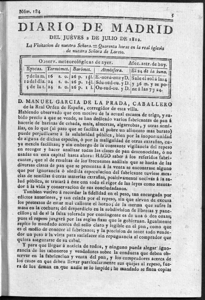 Miniatura de Diario de Madrid del jueves 2 de Julio de 1812