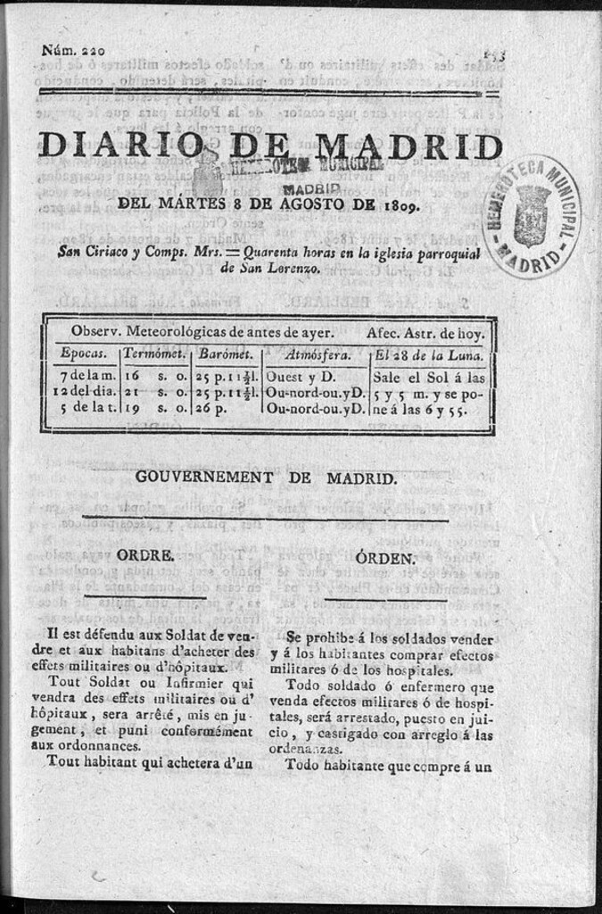 Miniatura de Diario de Madrid del martes 8 de Agosto de 1809